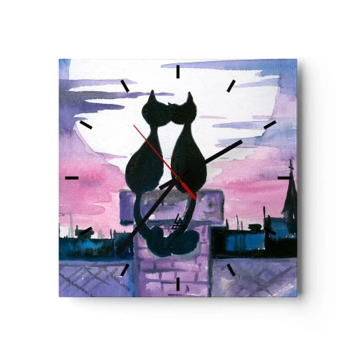 Wanduhr - Glasuhr - Schwarze Katzen auf einem Dach im Mondlicht in einer Aquarell-Kulisse - 30x30cm - Rendez-vous unter dem Mond - Moderne Wanddekoration für Wohnzimmer und Schlafzimmer ARTTOR