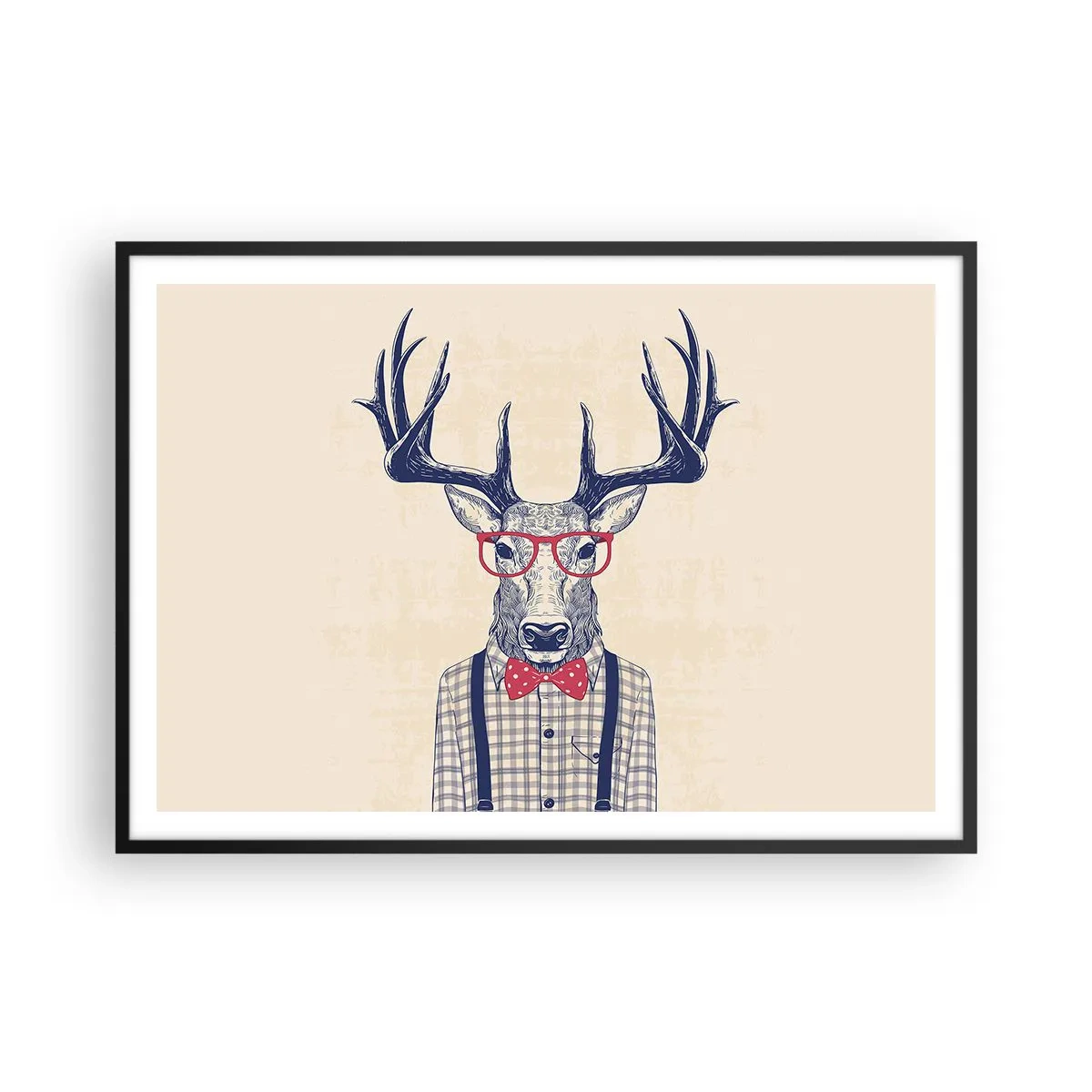 Poster in einem schwarzem Rahmen - Stilisierte Grafik eines Hirsches mit Brille und Fliege - 100x70cm - Eine lustige Extravaganz - Moderne Wanddekoration für Wohnzimmer und Schlafzimmer ARTTOR