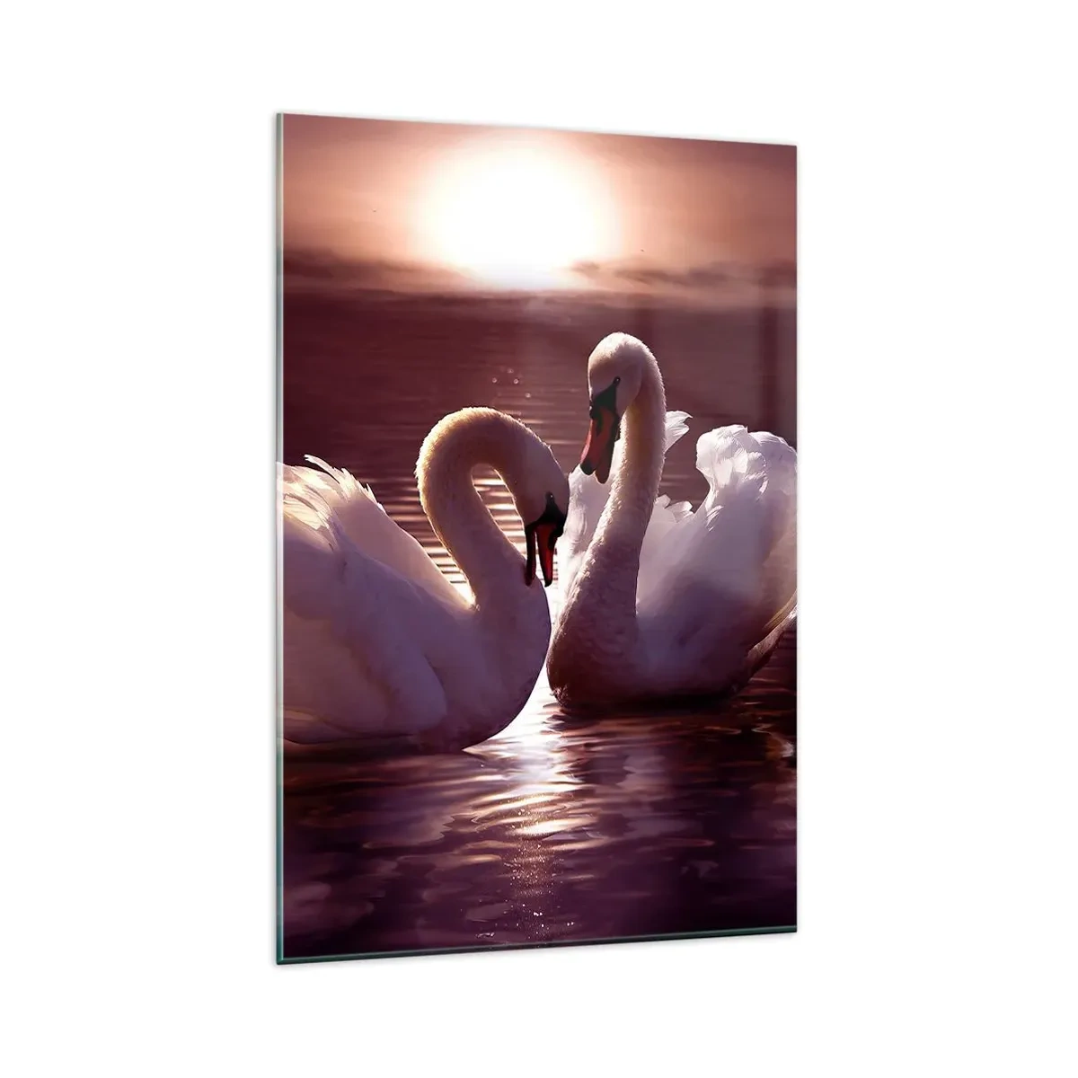 Glasbild - Bild auf glas - Zwei Schwäne auf einem ruhigen See bei Sonnenuntergang - 80x120cm - Bis der Tod uns scheidet - Moderne Wanddekoration für Wohnzimmer und Schlafzimmer ARTTOR