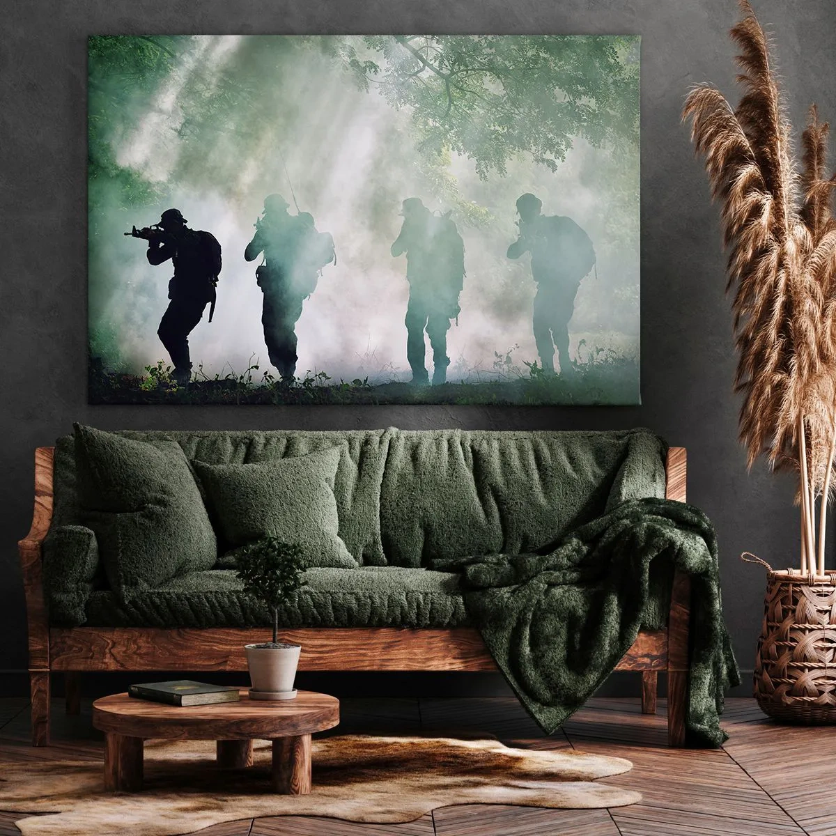 Bild auf Leinwand - Leinwandbild - Silhouetten von Soldaten in einem Wald, umgeben von Nebel - 120x80cm - Einer für alle… - Moderne Wanddekoration für Wohnzimmer und Schlafzimmer ARTTOR