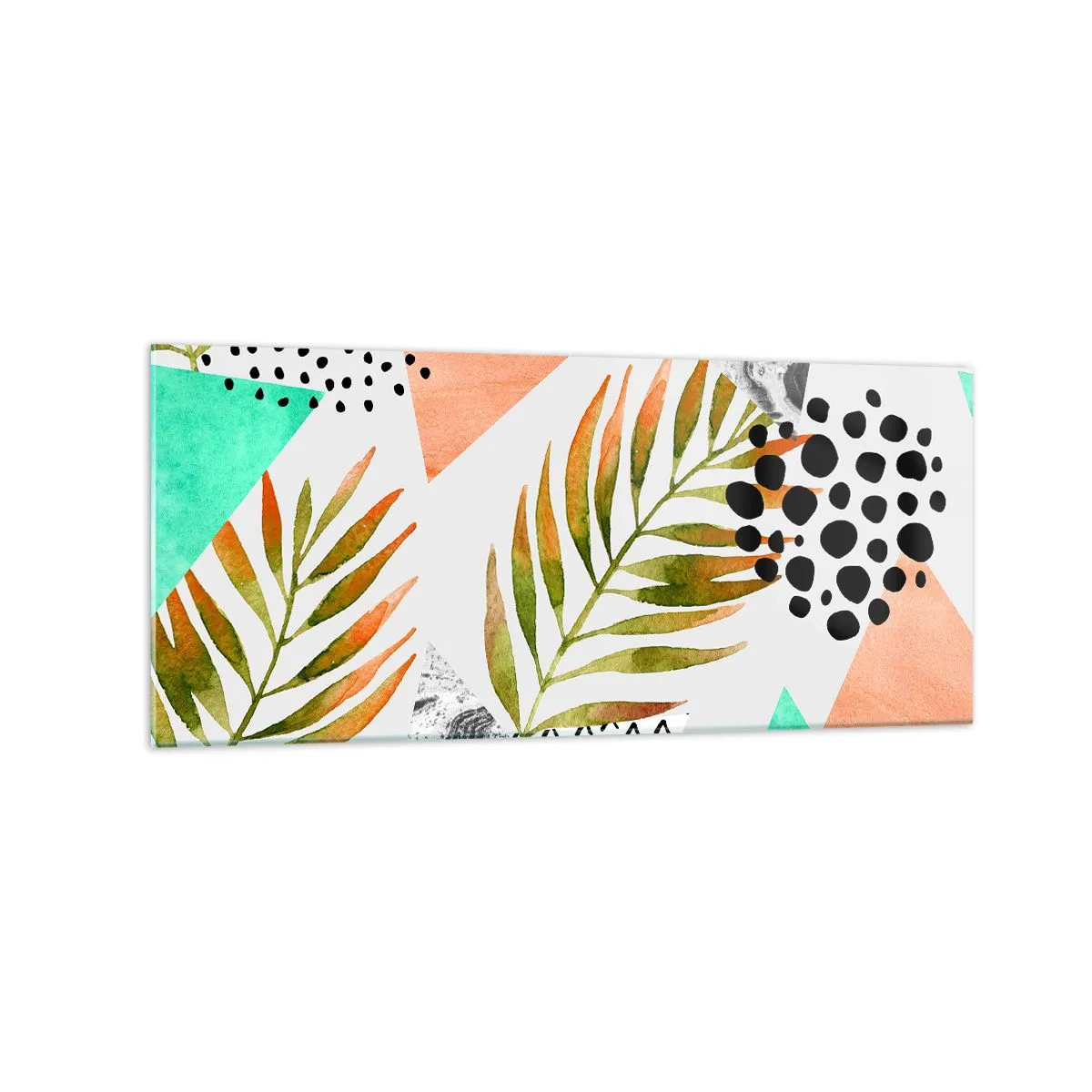 Glasbild - Bild auf glas - Tropisches Muster mit Blättern und geometrischen Formen - 120x50cm - Dekoration mit Palmblatt - Moderne Wanddekoration für Wohnzimmer und Schlafzimmer ARTTOR