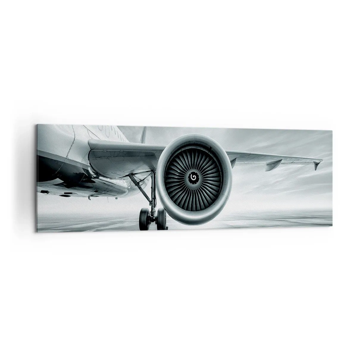 Bild auf Leinwand - Leinwandbild - Das Düsentriebwerk eines Flugzeugs auf dem Rollfeld - 160x50cm - Die Macht ist da! - Moderne Wanddekoration für Wohnzimmer und Schlafzimmer ARTTOR