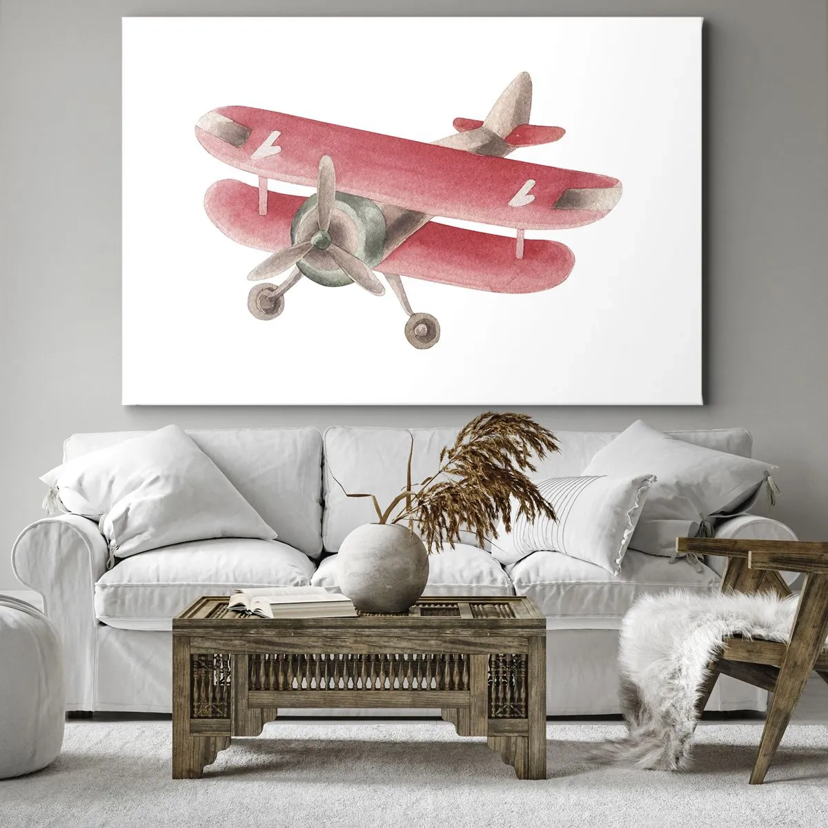 Bild auf Leinwand - Leinwandbild - Rotes Retro-Flugzeug auf weißem Hintergrund - 100x70cm - Bereit für Höhenflüge - Moderne Wanddekoration für Wohnzimmer und Schlafzimmer ARTTOR