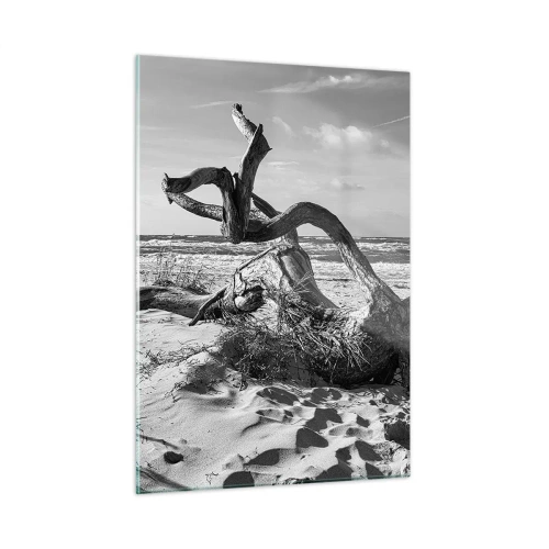 Glasbild - Bild auf glas - Eine schwarz-weiße Landschaft mit einem heruntergefallenen Ast an einem Strand am Meer. - 50x70cm - Meeresskulptur - Moderne Wanddekoration für Wohnzimmer und Schlafzimmer ARTTOR