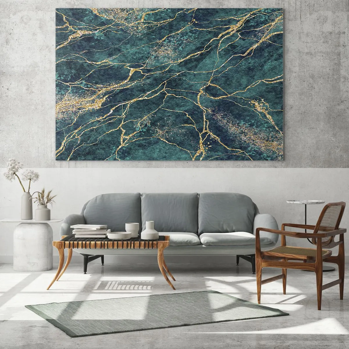 Glasbild - Bild auf glas - Marmorierter Stein mit goldenen Adern, blaugrünen und grünen Farbtönen - 70x50cm - Goldmine - Moderne Wanddekoration für Wohnzimmer und Schlafzimmer ARTTOR