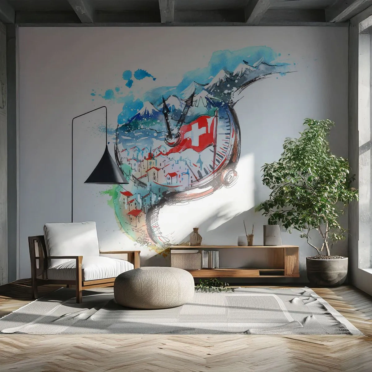 Fototapete Premium Sand - Eine Uhr mit einer Landschaft der Schweizer Alpen und einer Flagge - 100x70cm - Der Geist der Schweiz - Moderne Wanddekoration für Wohnzimmer und Schlafzimmer ARTTOR