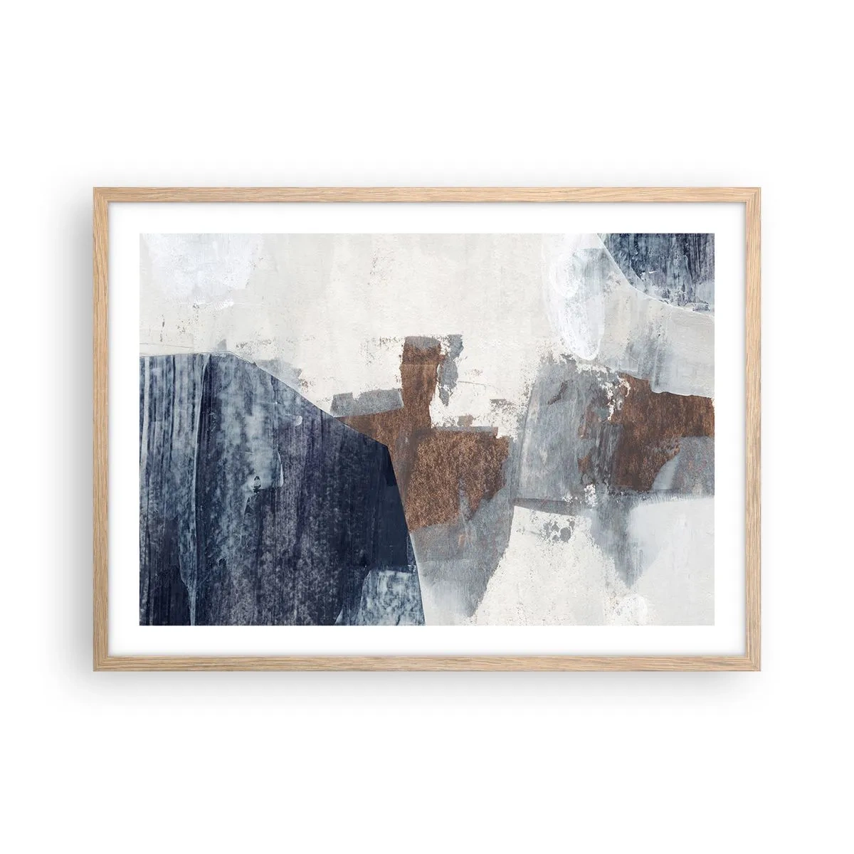 Poster in einem Rahmen aus heller Eiche - Blaue und braune Formen - 70x50 cm
