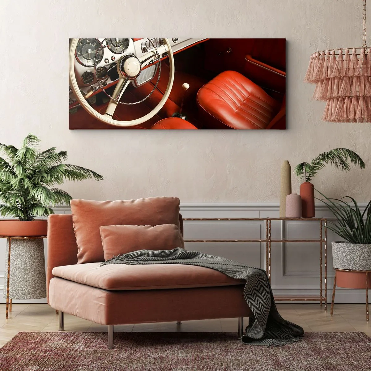 Bild auf Leinwand - Leinwandbild - Oldtimer-Innenraum mit roten Ledersitzen - 120x50cm - Luxus im Vintagestil - Moderne Wanddekoration für Wohnzimmer und Schlafzimmer ARTTOR