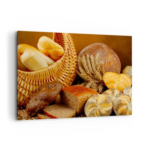 Bild auf Leinwand - Leinwandbild - Verschiedene Brotsorten in einem Weidenkorb auf goldenem Hintergrund - 100x70cm - Wir sind wieder davongekommen - Moderne Wanddekoration für Wohnzimmer und Schlafzimmer ARTTOR
