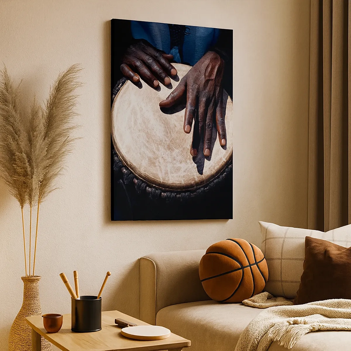 Bild auf Leinwand - Leinwandbild - Hände spielen eine Djembe-Trommel in einer dynamischen Komposition - 50x70cm - Lebe in deinem eigenen Rhythmus - Moderne Wanddekoration für Wohnzimmer und Schlafzimmer ARTTOR