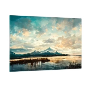 Glasbild - Bild auf glas - Winterlandschaft mit Bergen und einem zugefrorenen See - 120x80cm - Unter dem Schutz des Himmels - Moderne Wanddekoration für Wohnzimmer und Schlafzimmer ARTTOR