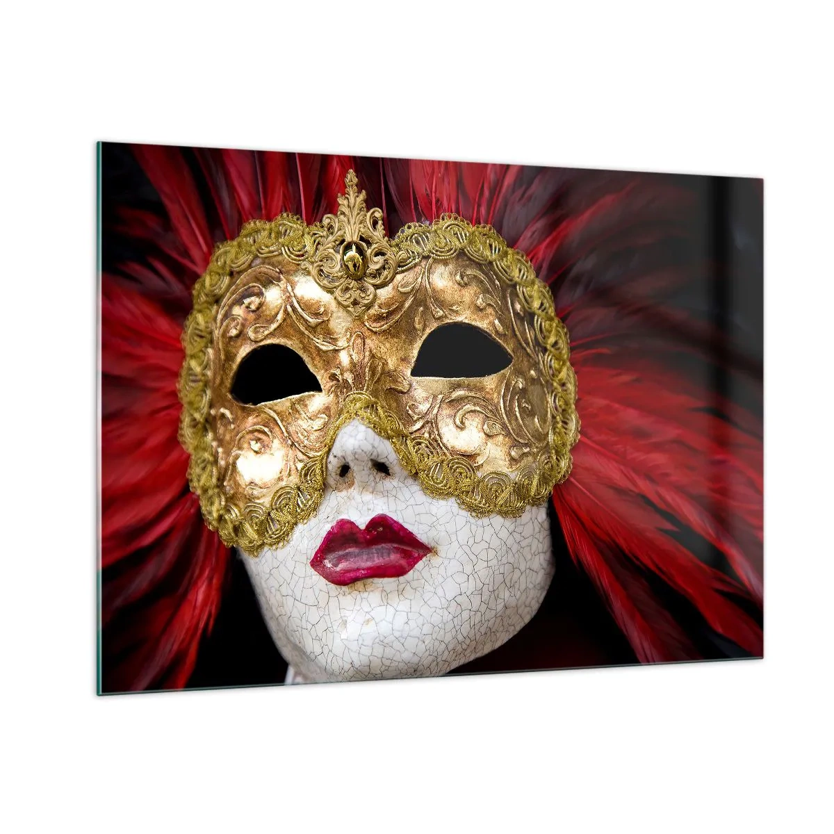 Glasbild - Bild auf glas - Goldene Karnevalsmaske mit roten Federn - 100x70cm - Das Versprechen eines Karnevalsabenteuers - Moderne Wanddekoration für Wohnzimmer und Schlafzimmer ARTTOR