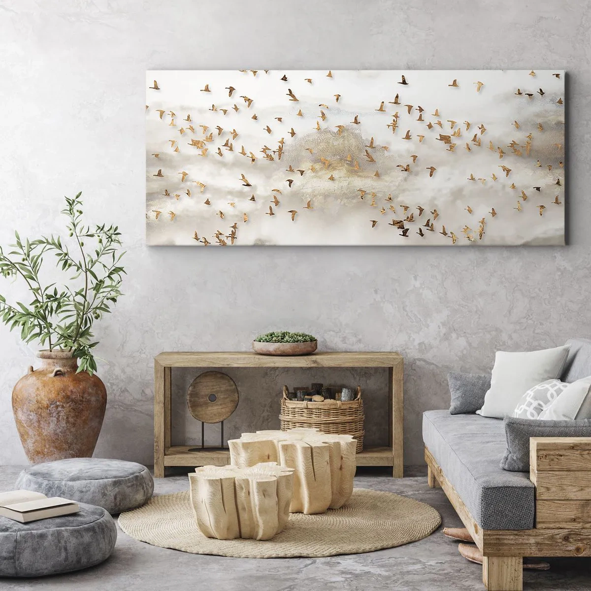 Bild auf Leinwand - Leinwandbild - Goldene Vögel vor den nebligen Bergen - 120x50cm - Es ist schon die Zeit… - Moderne Wanddekoration für Wohnzimmer und Schlafzimmer ARTTOR