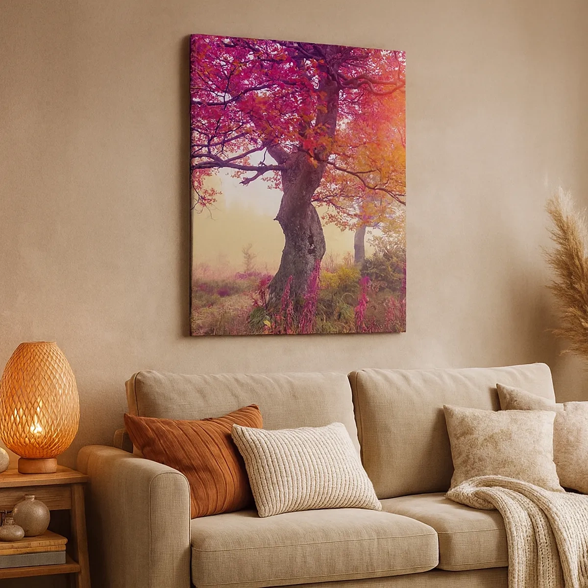 Bild auf Leinwand - Leinwandbild - Herbstlandschaft mit Bäumen in intensiven Farben - 50x70cm - Blühende Raserei - Moderne Wanddekoration für Wohnzimmer und Schlafzimmer ARTTOR