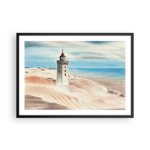 Poster in einem schwarzem Rahmen - Ein Leuchtturm, umgeben von Sanddünen und blauem Himmel - 70x50cm - Immer aufs Meer starrend - Moderne Wanddekoration für Wohnzimmer und Schlafzimmer ARTTOR