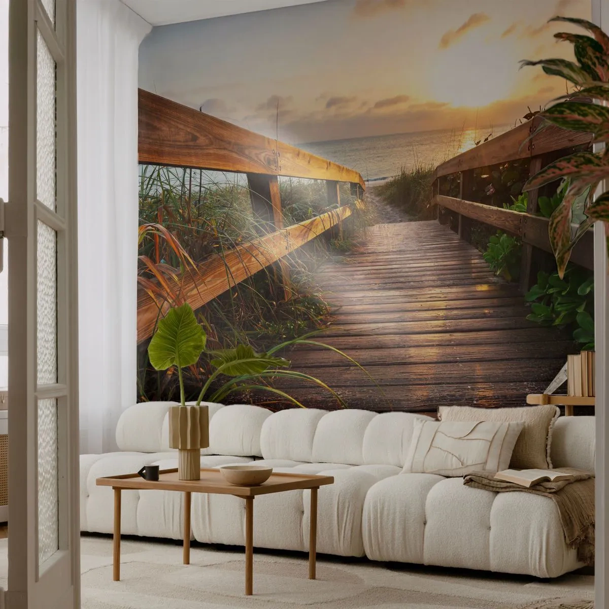 Fototapete Premium Sand - Holzweg zum Strand bei Sonnenuntergang - 100x70cm - Und direkt ans Ufer - Moderne Wanddekoration für Wohnzimmer und Schlafzimmer ARTTOR