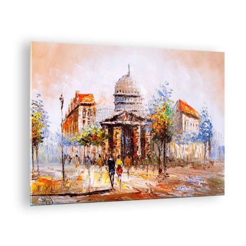 Glasbild - Bild auf glas - Eine malerische Stadtstraße mit einem historischen Gebäude im Hintergrund - 70x50cm - Pariser Spaziergang - Moderne Wanddekoration für Wohnzimmer und Schlafzimmer ARTTOR