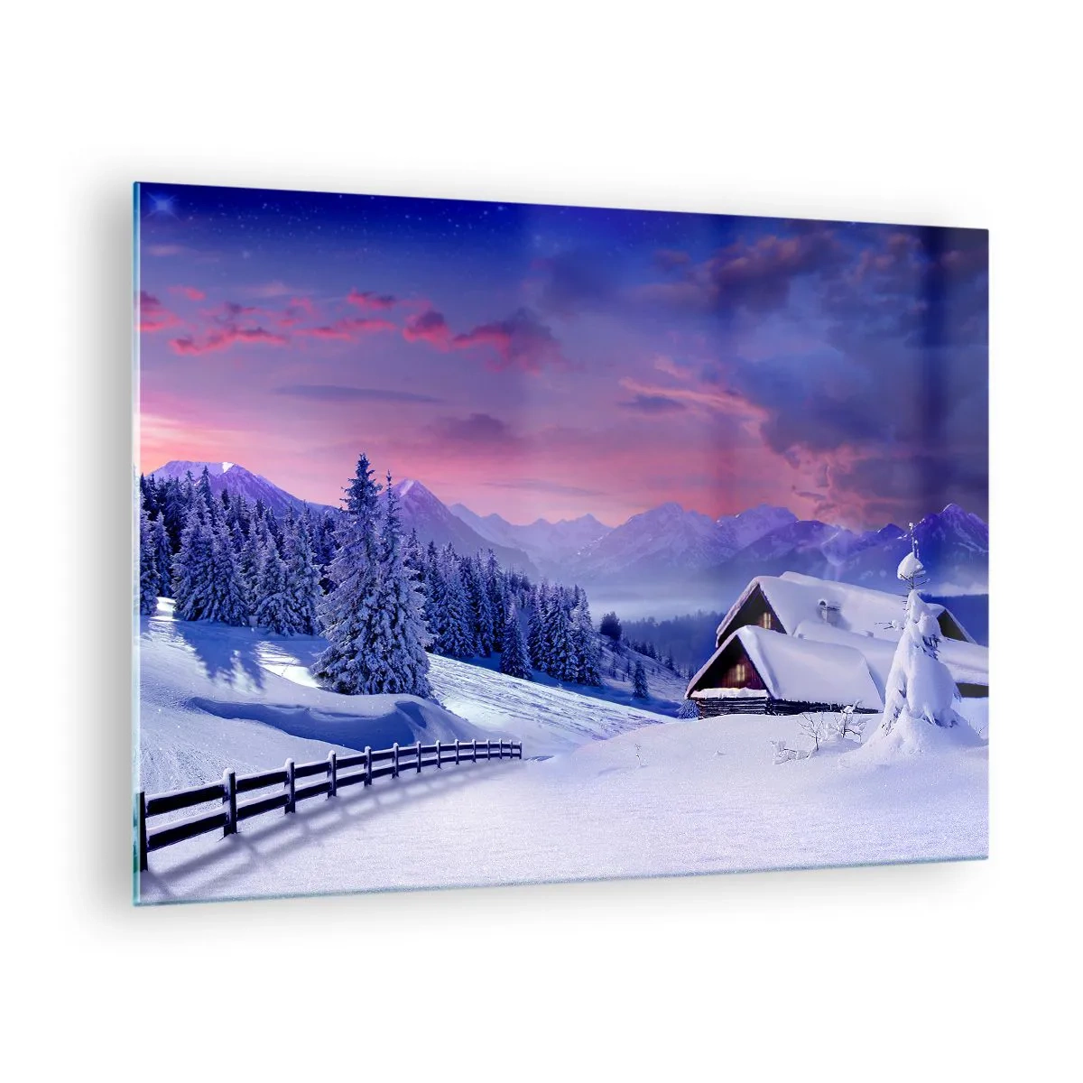 Glasbild - Bild auf glas - Winterlandschaft mit Hütte und schneebedeckten Bergen - 70x50cm - Stille Nacht - Moderne Wanddekoration für Wohnzimmer und Schlafzimmer ARTTOR