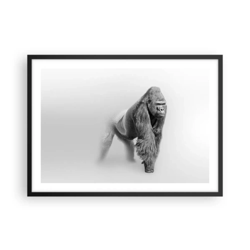 Poster in einem schwarzem Rahmen - Gorilla in monochromen Tönen auf weißem Hintergrund - 70x50cm - Zuversichtlich in seiner Stärke - Moderne Wanddekoration für Wohnzimmer und Schlafzimmer ARTTOR