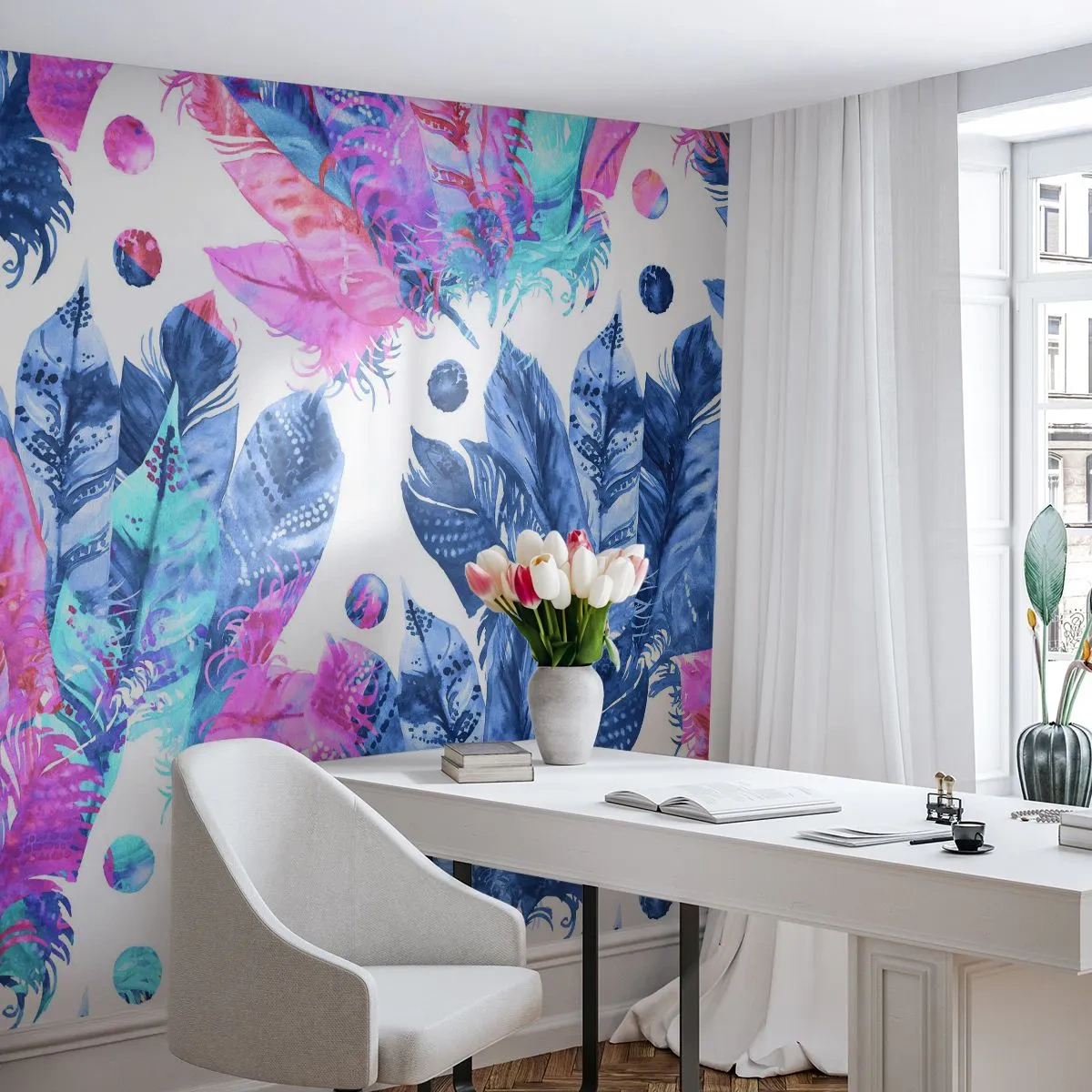 Fototapete Premium Canvas - Pflaumen in Pink und Blau - Vogelfeder, Bunte Illustration, Grafik - 450x315 cm