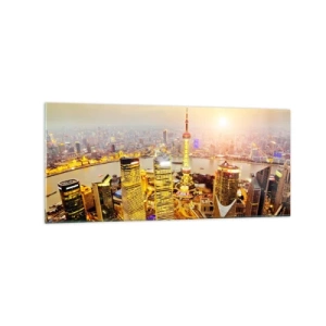 Glasbild - Bild auf glas - Stadtpanorama mit Wolkenkratzern bei Sonnenuntergang - 120x50cm - Asiatischer Traum - Moderne Wanddekoration für Wohnzimmer und Schlafzimmer ARTTOR