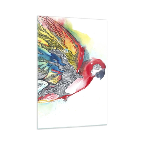 Glasbild - Bild auf glas - Ein bunter Papagei im Flug mit abstrakten Mustern auf seinen Flügeln. - 70x100cm - Leben Sie bunt - Moderne Wanddekoration für Wohnzimmer und Schlafzimmer ARTTOR