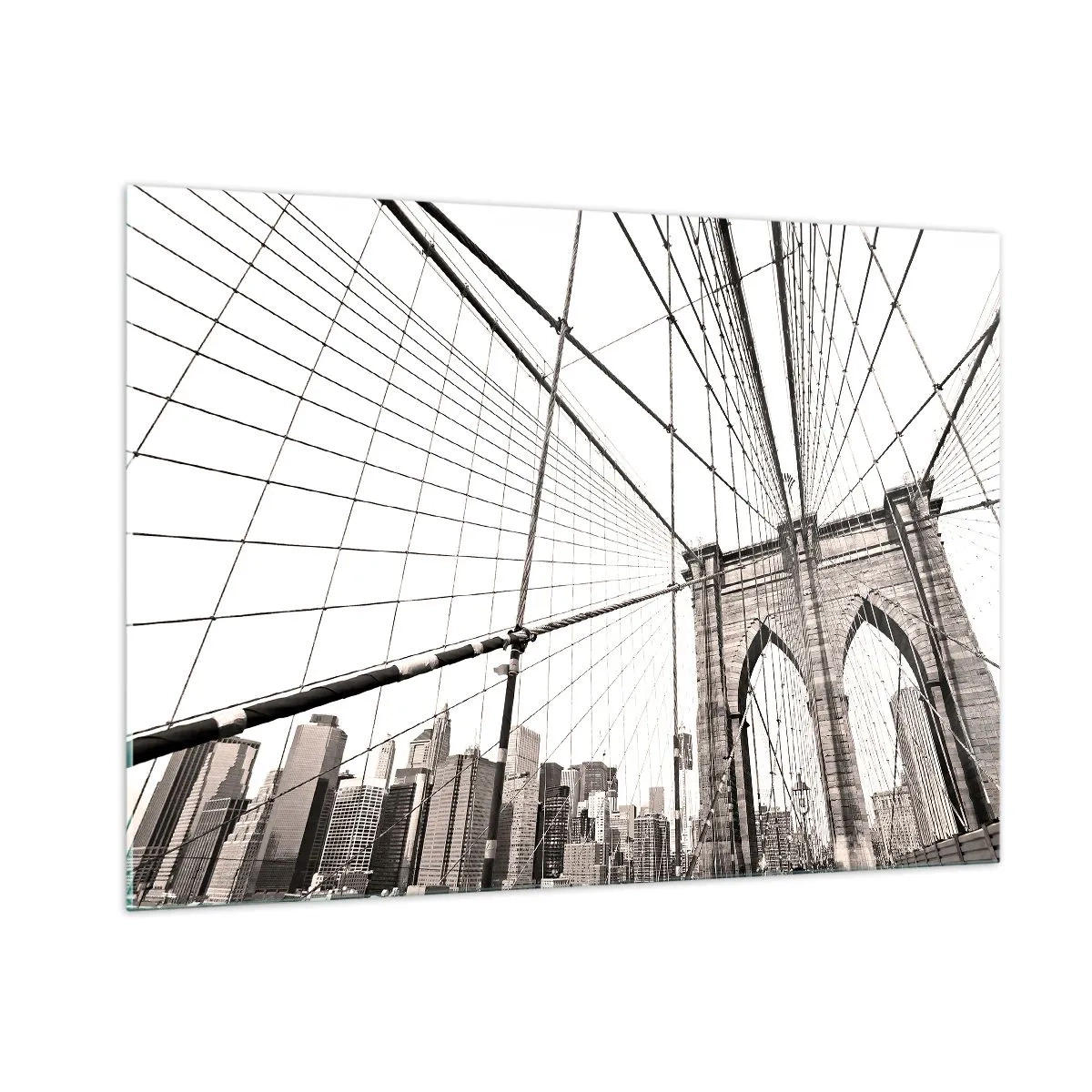 Glasbild - Bild auf glas - Eine Hängebrücke mit einem Stadtpanorama im Hintergrund in Sepia - 100x70cm - New Yorker Kathedrale - Moderne Wanddekoration für Wohnzimmer und Schlafzimmer ARTTOR