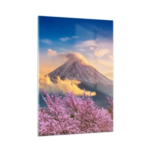 Glasbild - Bild auf glas - Der Berg Fuji im Hintergrund mit blühenden Sakura-Bäumen im Vordergrund - 50x70cm - Japanische Heiligkeit - Moderne Wanddekoration für Wohnzimmer und Schlafzimmer ARTTOR