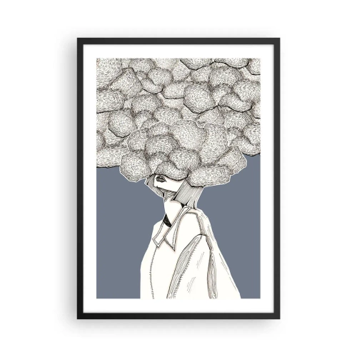 Poster in einem schwarzem Rahmen - Eine Figur mit einer Wolke anstelle eines Kopfes, stilisiert in Grautönen. - 50x70cm - Mit dem Kopf in den Wolken stecken - Moderne Wanddekoration für Wohnzimmer und Schlafzimmer ARTTOR