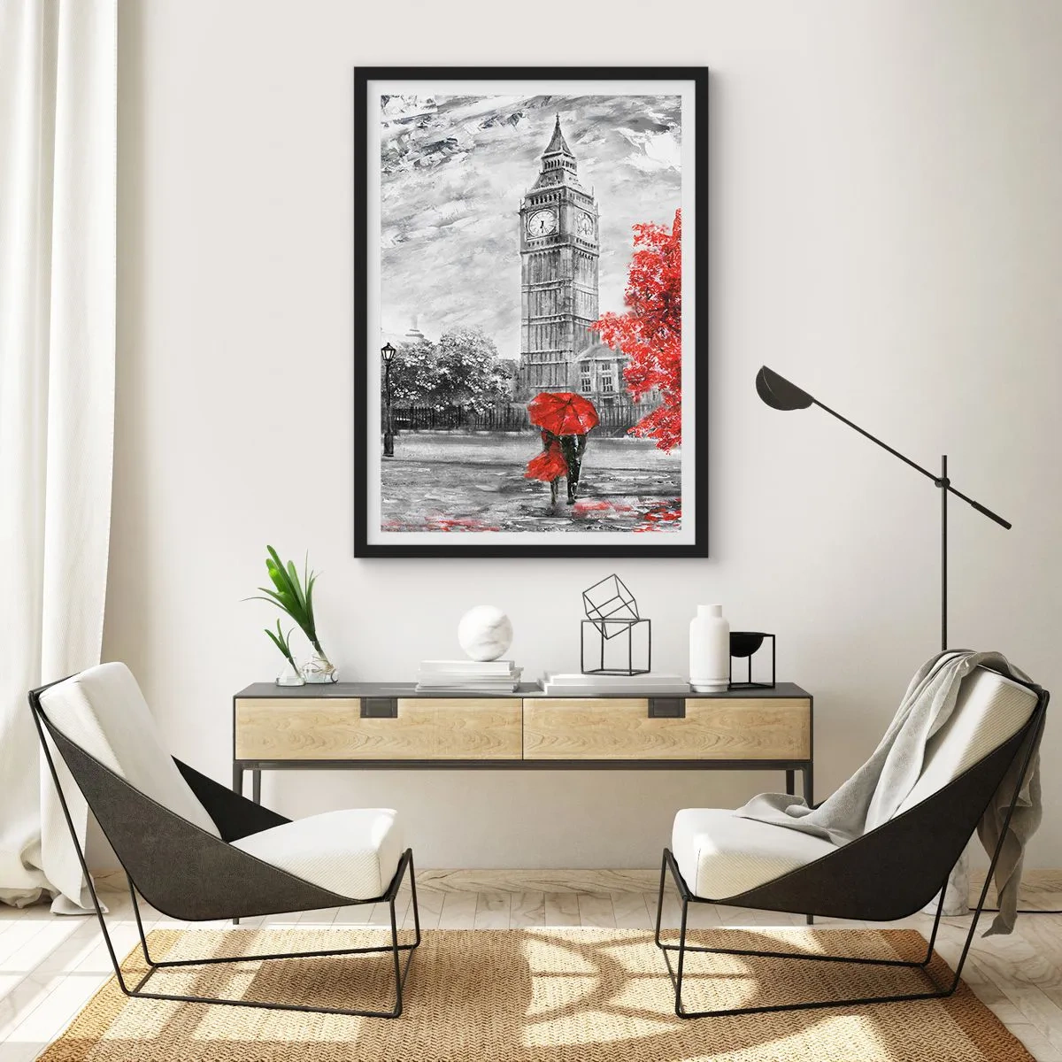 Poster in einem schwarzem Rahmen - Uhrturm mit rotem Regenschirm - 50x70cm - Ein aufregender Tag - Moderne Wanddekoration für Wohnzimmer und Schlafzimmer ARTTOR
