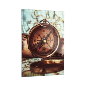 Glasbild - Bild auf glas - Ein antiker Kompass und eine Karte vor dem Hintergrund von Piratenabenteuern - 50x70cm - Ein Piratenabenteuer in der Karibik wartet - Moderne Wanddekoration für Wohnzimmer und Schlafzimmer ARTTOR