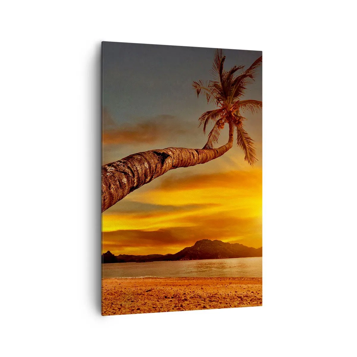 Bild auf Leinwand - Leinwandbild - Palme am Strand bei Sonnenuntergang mit Blick auf das Meer - 80x120cm - Exotischer Urlaub, karibisches Abenteuer - Moderne Wanddekoration für Wohnzimmer und Schlafzimmer ARTTOR