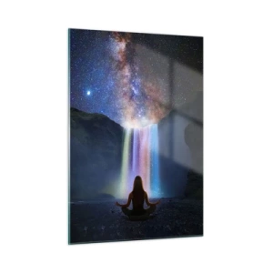 Glasbild - Bild auf glas - Meditation vor einem farbenfrohen Wasserfall bei Nacht - 50x70cm - Absolute Harmonie - Moderne Wanddekoration für Wohnzimmer und Schlafzimmer ARTTOR