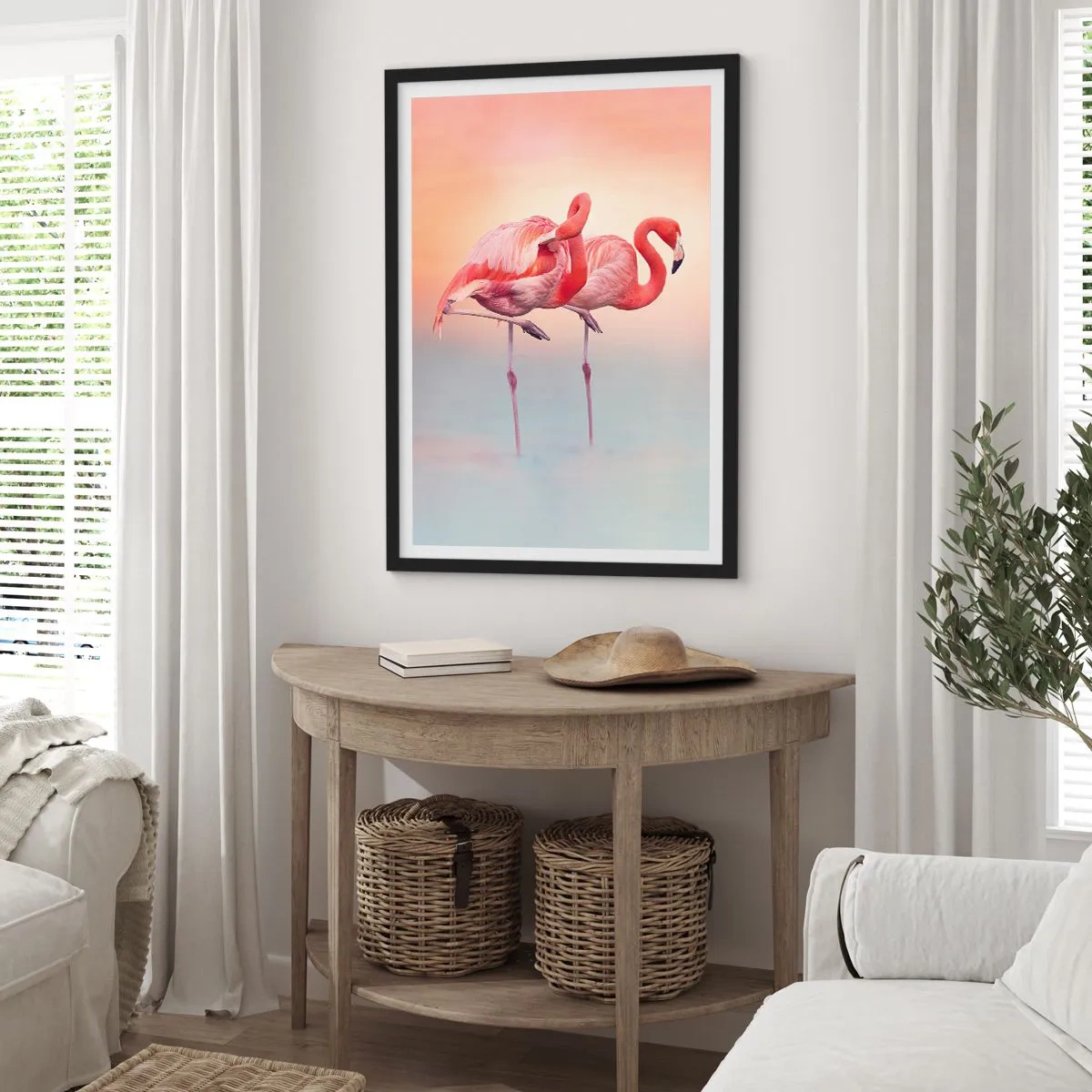 Poster in einem schwarzem Rahmen - Flamingos vor einem pastellfarbenen Sonnenuntergangshintergrund - 50x70cm - Die Farbe der untergehenden Sonne - Moderne Wanddekoration für Wohnzimmer und Schlafzimmer ARTTOR