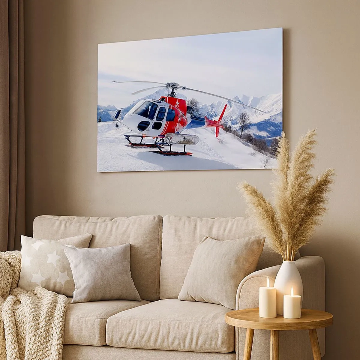 Bild auf Leinwand - Leinwandbild - Ein roter Hubschrauber vor einer verschneiten Berglandschaft. - 70x50cm - Immer bereit - Moderne Wanddekoration für Wohnzimmer und Schlafzimmer ARTTOR