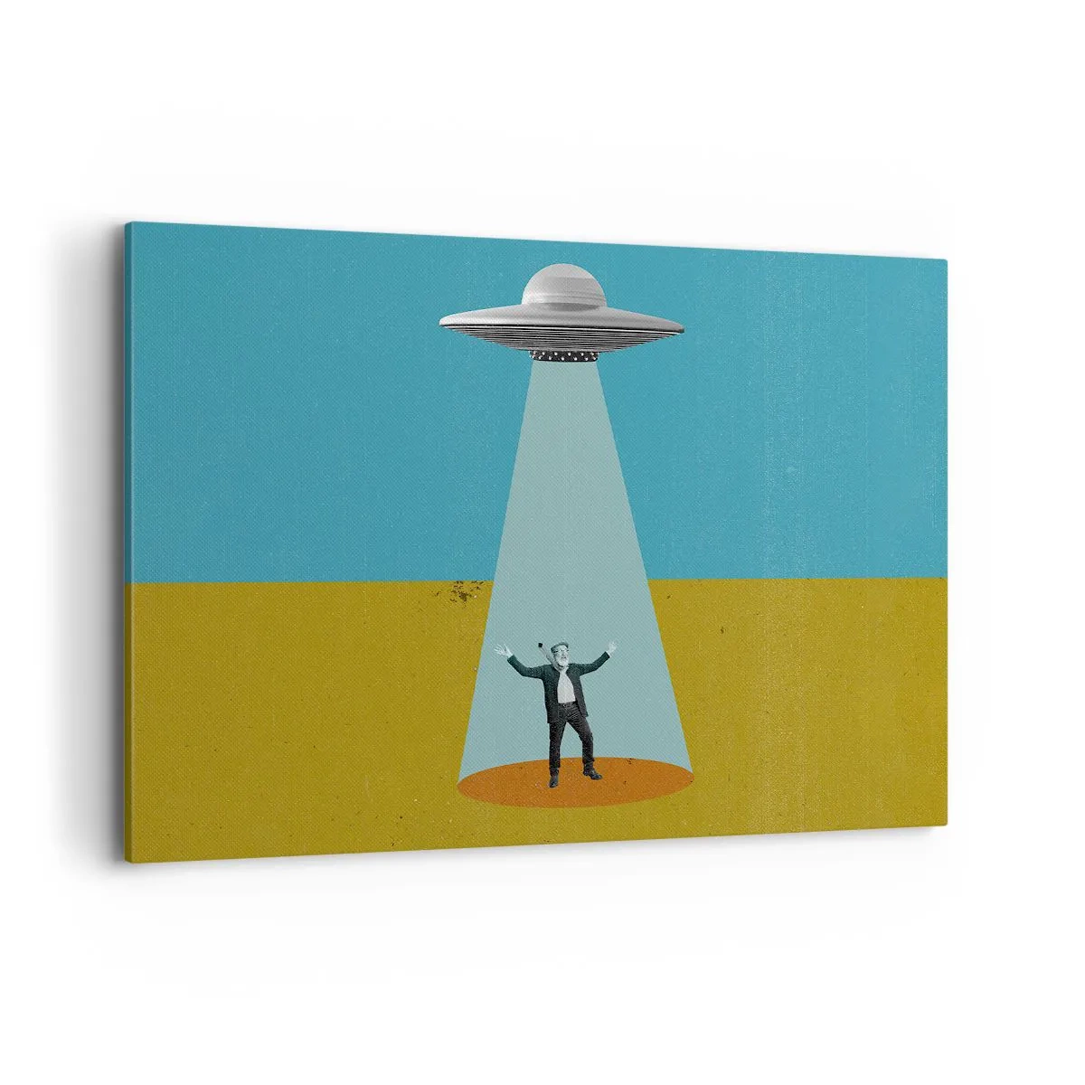 Bild auf Leinwand - Leinwandbild - Ein Mann im Licht eines UFOs vor dem Hintergrund einer farbenfrohen Landschaft - 100x70cm - Nahe Begegnung - Moderne Wanddekoration für Wohnzimmer und Schlafzimmer ARTTOR