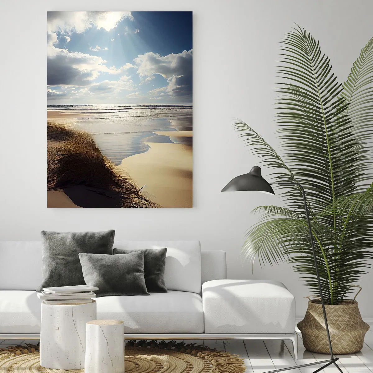 Glasbild - Bild auf glas - Ein wilder Strand mit Dünen und blauem Himmel - 70x100cm - Strand, wilder Strand - Moderne Wanddekoration für Wohnzimmer und Schlafzimmer ARTTOR