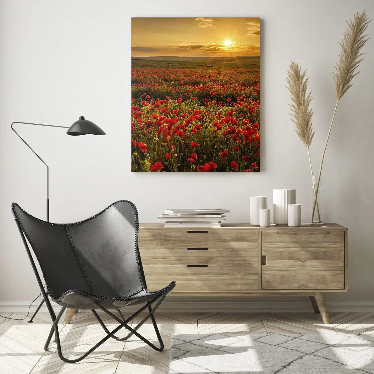 Glasbild - Bild auf glas - Ein Mohnfeld, beleuchtet von den Strahlen der untergehenden Sonne - 50x70cm - Unter den Wellen raschelnder Wiesen, unter den Blumen der Flut - Moderne Wanddekoration für Wohnzimmer und Schlafzimmer ARTTOR