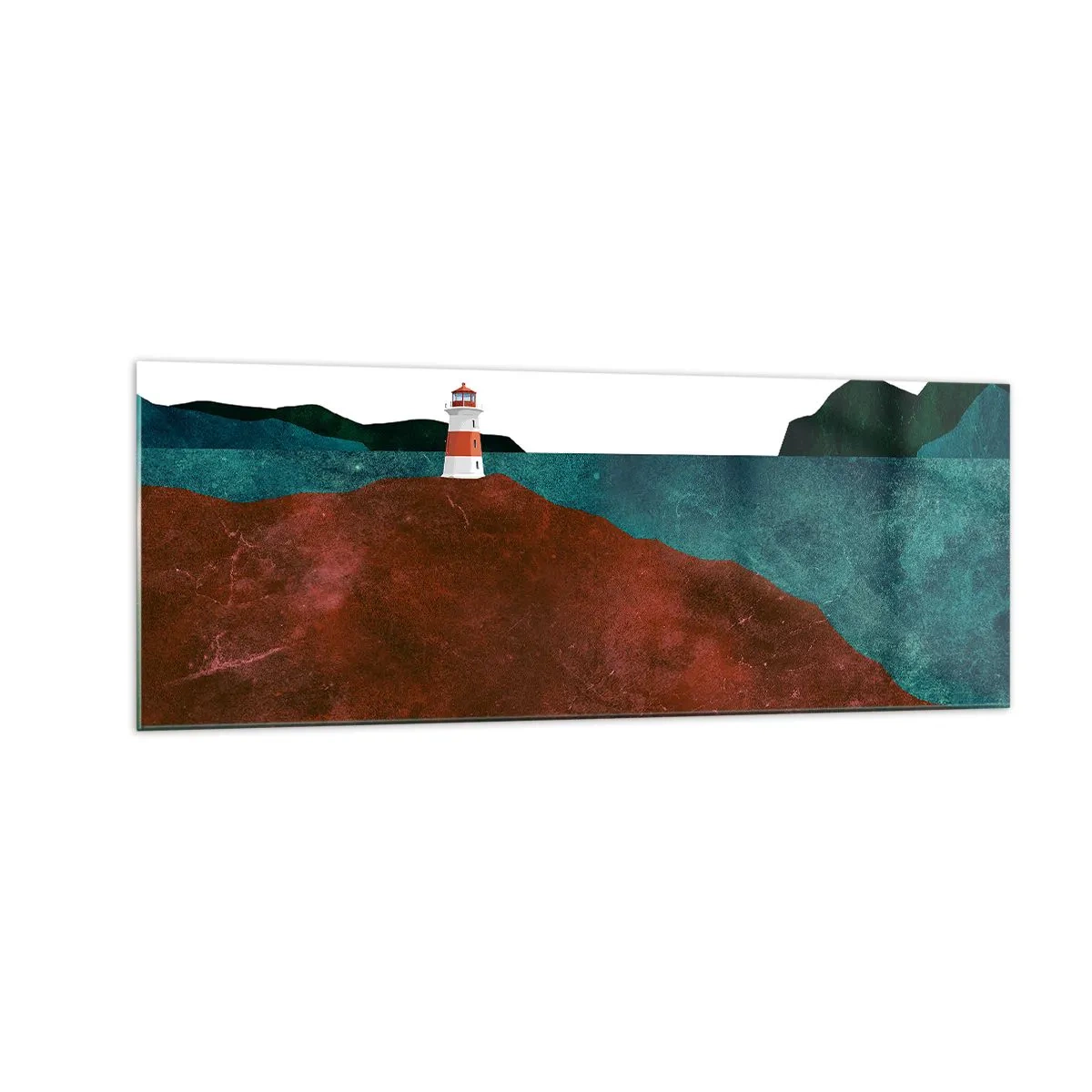 Glasbild - Bild auf glas - Ein Leuchtturm vor der Kulisse von Bergen und Meer - 140x50cm - Aufs Meer starren - Moderne Wanddekoration für Wohnzimmer und Schlafzimmer ARTTOR