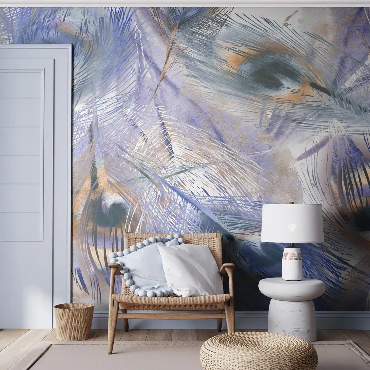 Fototapete Premium Sand - Zarte Pfauenfedern in Blautönen - 100x70cm - Pfau-Komposition - Moderne Wanddekoration für Wohnzimmer und Schlafzimmer ARTTOR