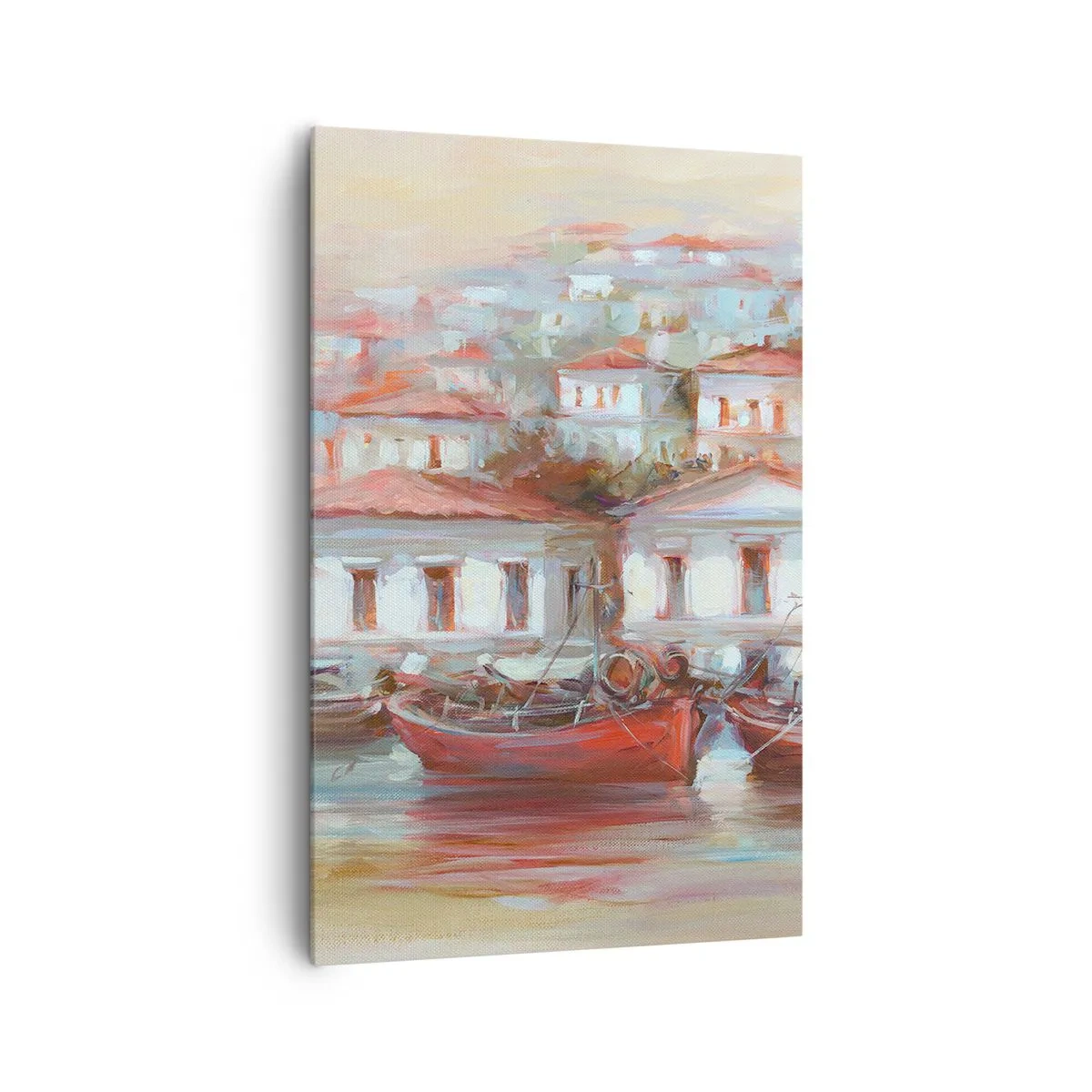 Bild auf Leinwand - Leinwandbild - Bunte Boote und malerische Gebäude am Wasser in Pastelltönen - 80x120cm - Glückliche Stadt - Moderne Wanddekoration für Wohnzimmer und Schlafzimmer ARTTOR