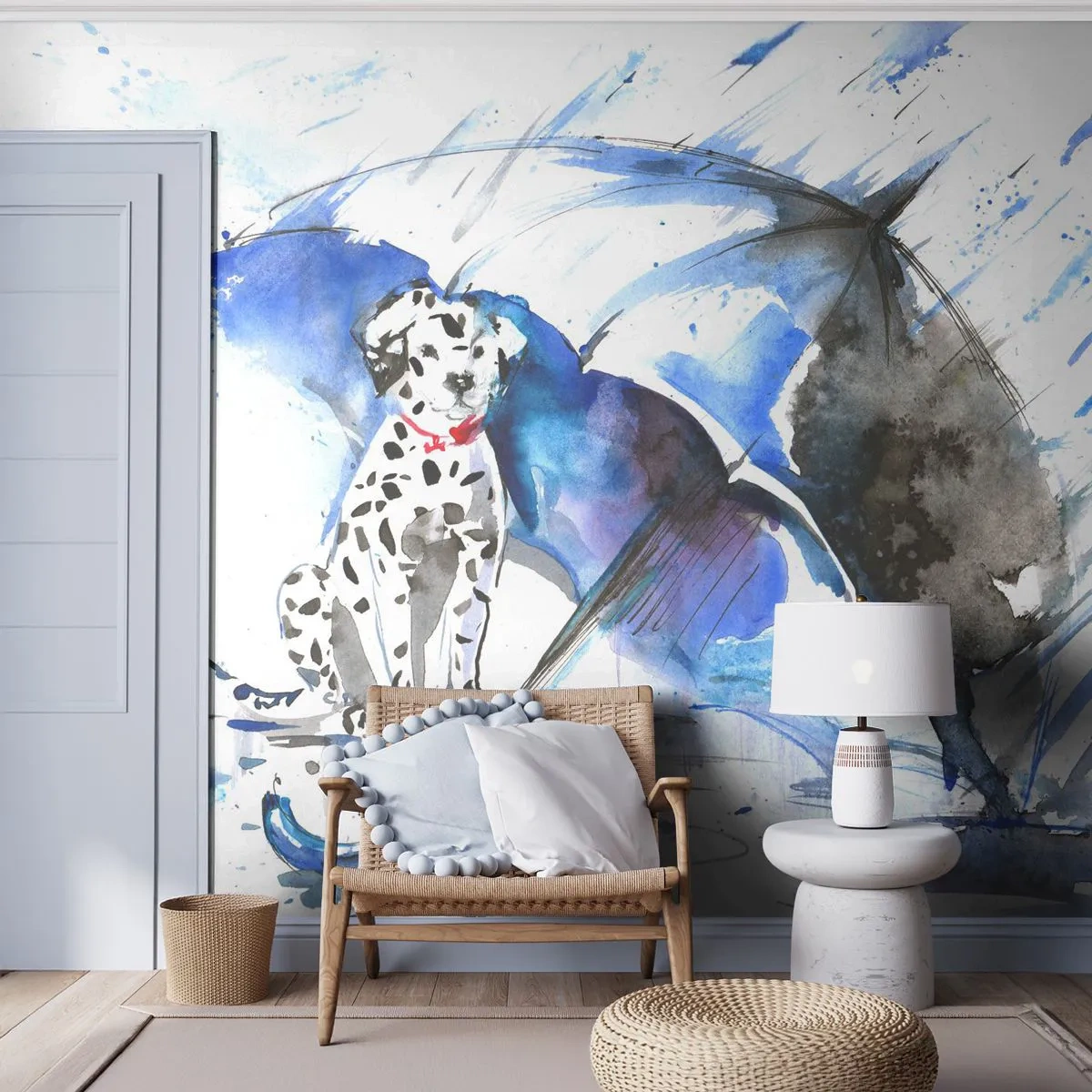 Fototapete Premium Sand - Dalmatiner unter einem blauen Regenschirm im Regen - 100x70cm - Dafür ist ein Freund da - Moderne Wanddekoration für Wohnzimmer und Schlafzimmer ARTTOR