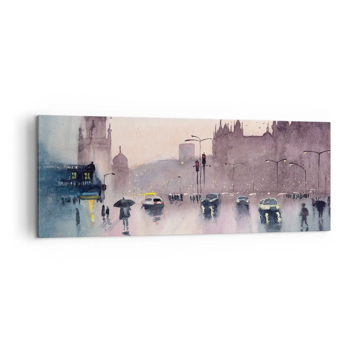 Bild auf Leinwand - Leinwandbild - Eine Stadtstraße in der Abenddämmerung im Aquarellstil - 140x50cm - Im regnerischen Dunst - Moderne Wanddekoration für Wohnzimmer und Schlafzimmer ARTTOR