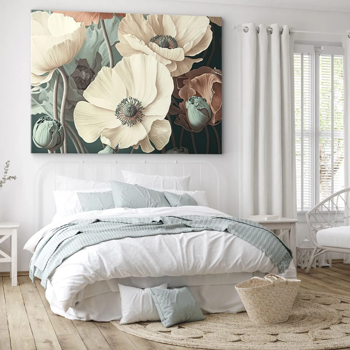 Bild auf Leinwand - Leinwandbild - Elegante Blumen in Pastelltönen auf grünem Hintergrund - 120x80cm - Flüstern von Mohnblumen - Moderne Wanddekoration für Wohnzimmer und Schlafzimmer ARTTOR
