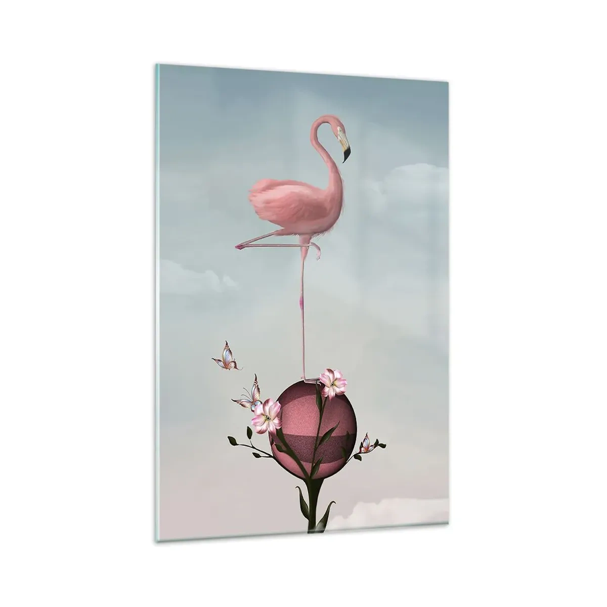 Glasbild - Bild auf glas - Ein rosa Flamingo balanciert auf einem Blumenball - 80x120cm - Basketball-Allegorie - Moderne Wanddekoration für Wohnzimmer und Schlafzimmer ARTTOR