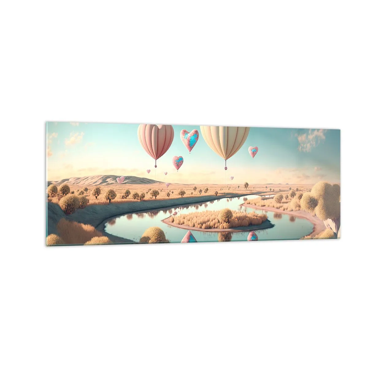 Glasbild - Bild auf glas - Herzförmige Ballons schweben über der Landschaft - 140x50cm - Dank Liebe steigt man auf - Moderne Wanddekoration für Wohnzimmer und Schlafzimmer ARTTOR
