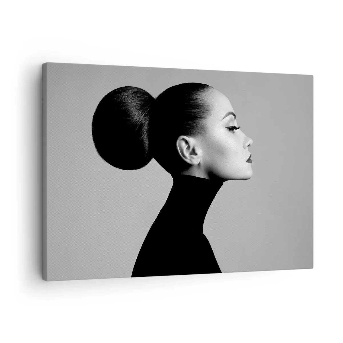 Bild auf Leinwand - Leinwandbild - Profil einer Frau in Schwarz-Weiß mit einem eleganten Dutt - 70x50cm - Moderne Nofretete - Moderne Wanddekoration für Wohnzimmer und Schlafzimmer ARTTOR