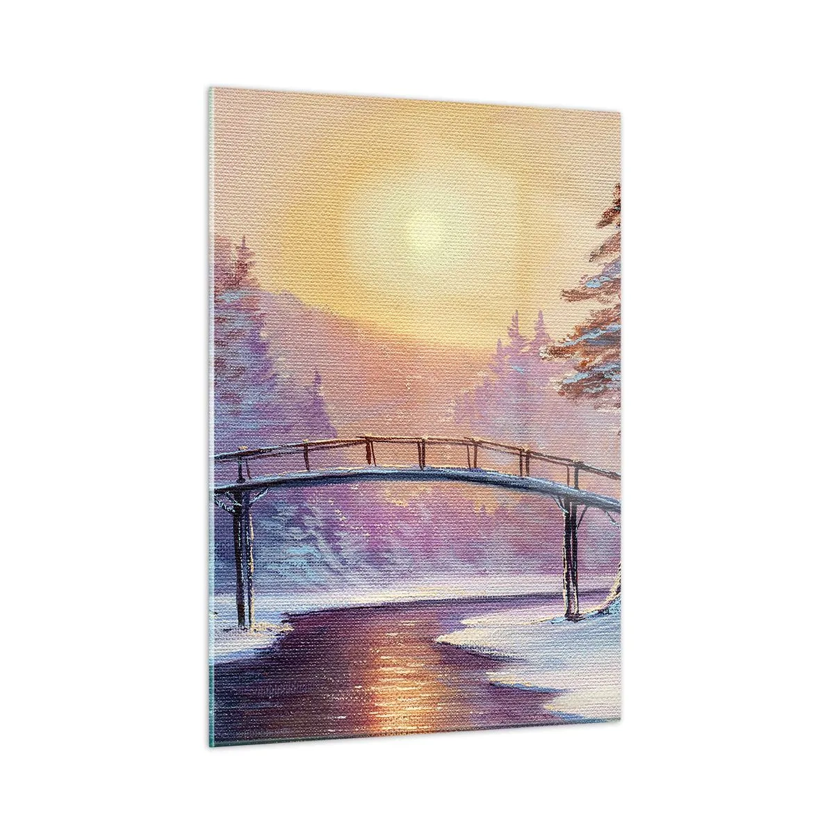 Glasbild - Bild auf glas - Winterlandschaft mit einer Brücke über einen Fluss bei Sonnenuntergang - 50x70cm - Vier Jahreszeiten - Winter - Moderne Wanddekoration für Wohnzimmer und Schlafzimmer ARTTOR