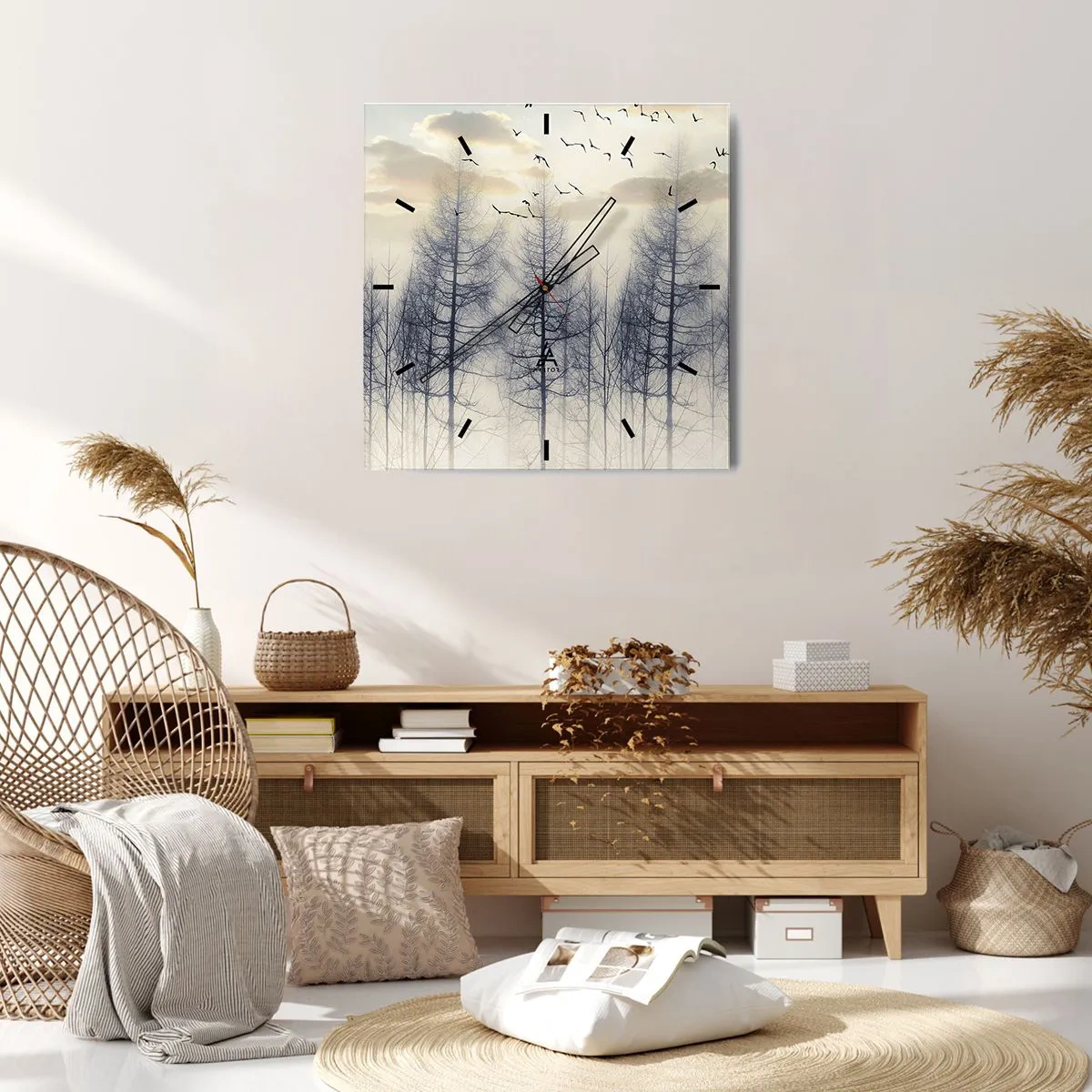 Wanduhr - Glasuhr - Nebliger Wald mit Vögeln vor dem Sonnenuntergangshimmel - 30x30cm - Waldgeister - Moderne Wanddekoration für Wohnzimmer und Schlafzimmer ARTTOR