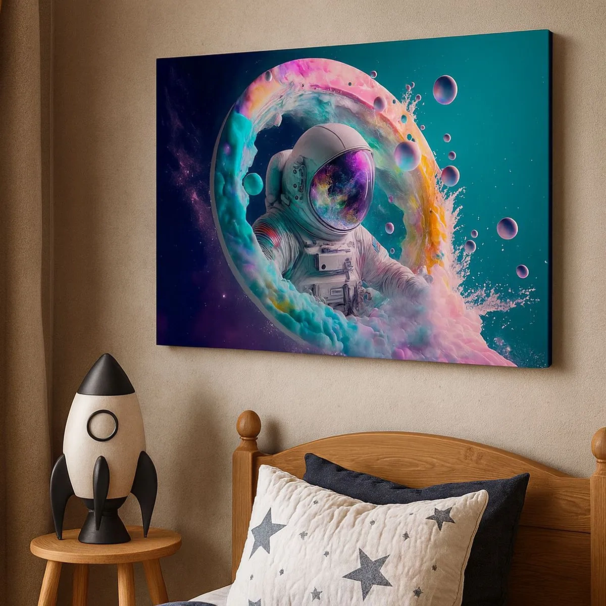 Bild auf Leinwand - Leinwandbild - Astronaut in einer farbenfrohen kosmischen Aura - 70x50cm - Sternentor - Moderne Wanddekoration für Wohnzimmer und Schlafzimmer ARTTOR